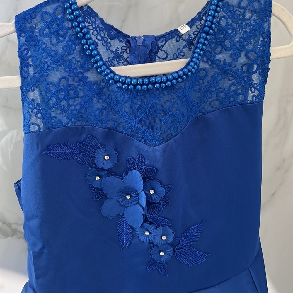 Elegant Floral Pearl and Blue Silk Youth Dress